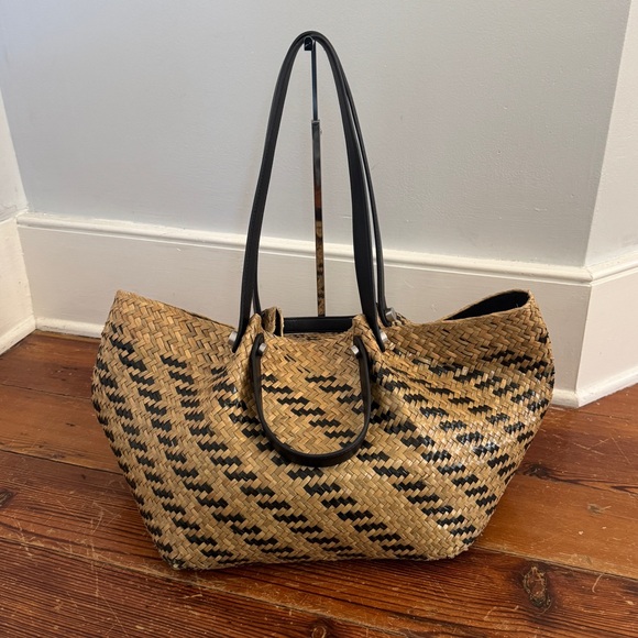 All Saints Handbags - AllSaints Allington Straw Tote Bag Womens Black Handles Tan Woven Purse Damaged
